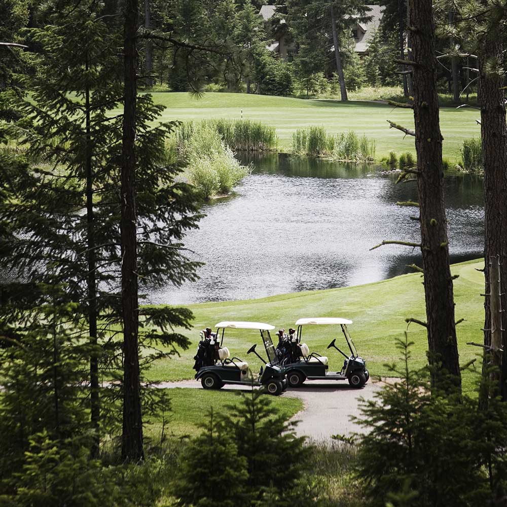 two golf carts parked on a golf course YFVFGDU